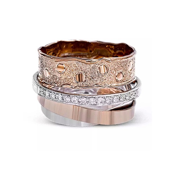NEW Rose Gold & Silver Colored 2-Tone Multilayer Wide Ring - Picture 2 of 9